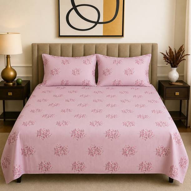 Handloom Heaven Cotton Double Flat 190 TC Floral 1 Bedsheet with 2 Pillow Covers