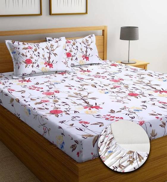 EVERLUSH Cotton King Fitted (Elastic) 210 TC Floral Bedsheet