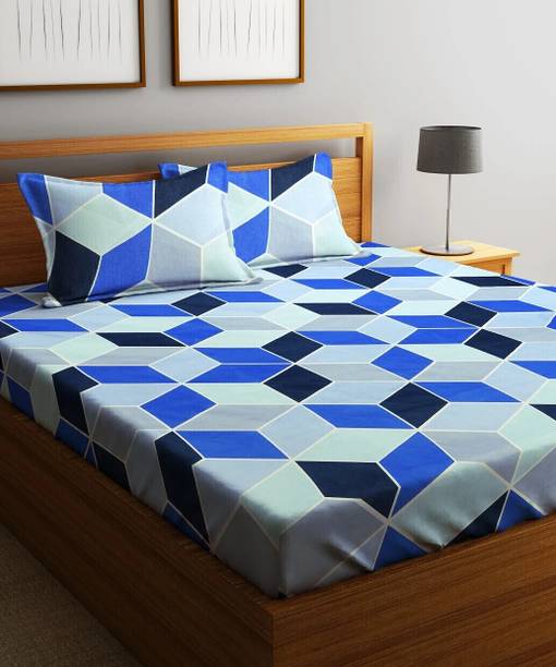 Fashion String Microfiber Double Flat 144 TC Geometric 1 Bedsheet with 2 Pillow Covers