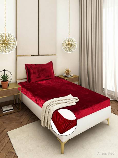 real dream Velvet Single Fitted (Elastic) 310 TC Solid 1 Bedsheet with 2 Pillow Covers