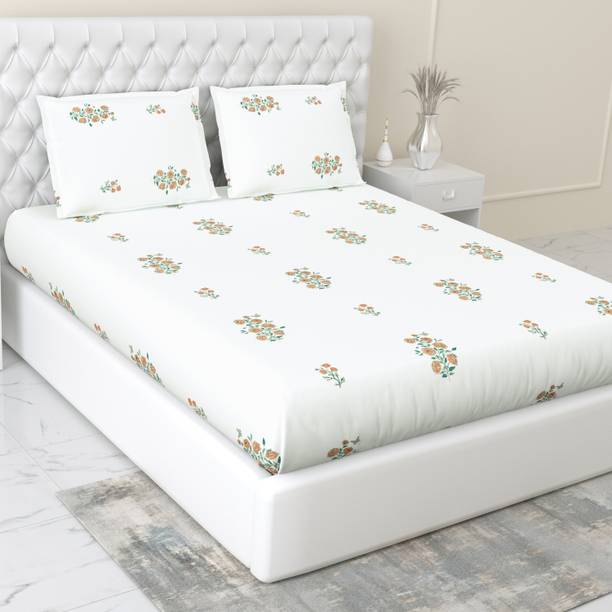 haus & kinder Cotton King Fitted (Elastic) 186 TC Printed 1 Bedsheet with 2 Pillow Covers