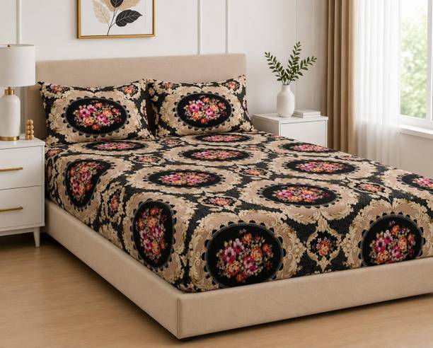 Noor Handloom Cotton Double Flat 300 TC 3D Printed 1 Bedsheet with 2 Pillow Covers
