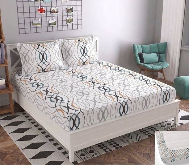 BLUEDOT Microfiber Double Fitted (Elastic) 160 TC Printed 1 Summer Bedsheet with 2 Pillow Covers