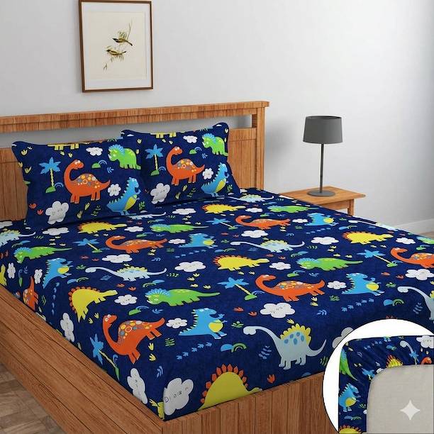 LUVIA Cotton Double Fitted (Elastic) 240 TC Cartoon 1 Bedsheet with 2 Pillow Covers
