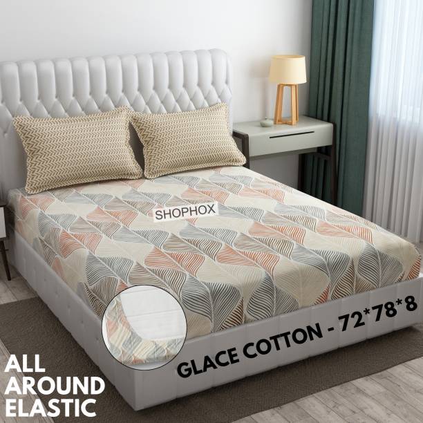 SHOPHOX 210 TC Cotton Double, King Printed Fitted (Elastic) Bedsheet