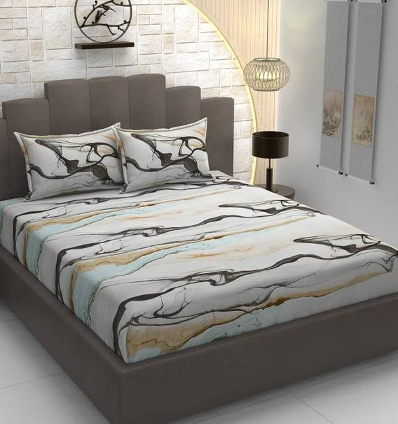 The Intellect bazaar Polycotton King Fitted (Elastic) 210 TC Printed 1 Bedsheet with 2 Pillow Covers