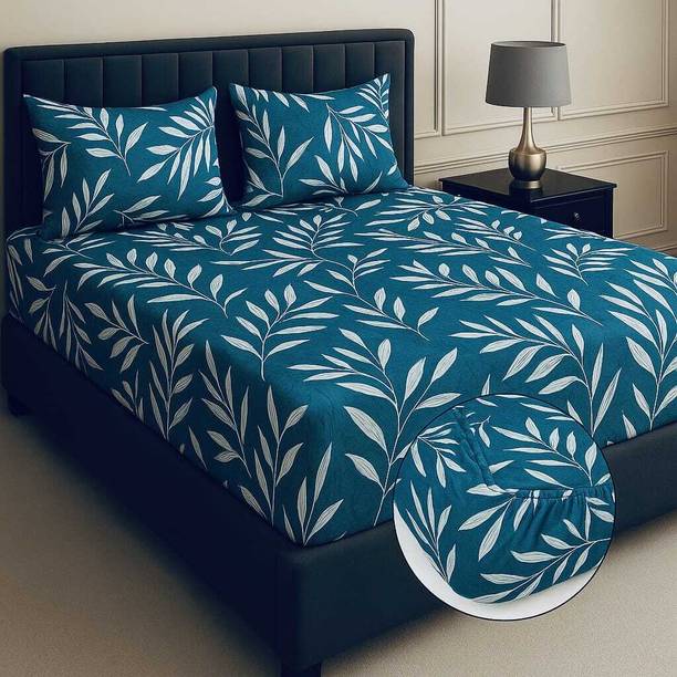 Amrange Cotton King Fitted (Elastic) 190 TC Floral 1 Bedsheet with 2 Pillow Covers