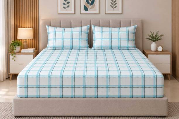EXFAB Cotton King Fitted (Elastic) 244 TC Printed 1 Summer Bedsheet with 2 Pillow Covers