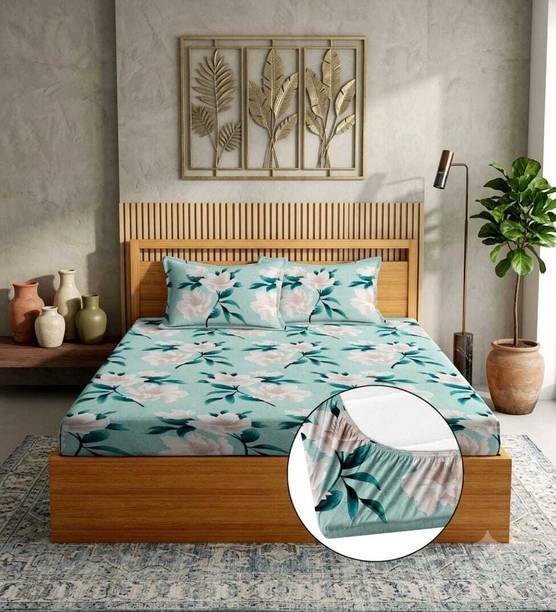 Cotton King Fitted (Elastic) 244 TC Printed 1 Summer Bedsheet with 2 Pillow Covers