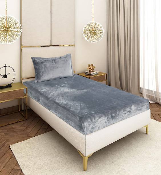 CRAFTEAL Velvet Single Fitted (Elastic) 300 TC Solid 1 Bedsheet with 2 Pillow Covers