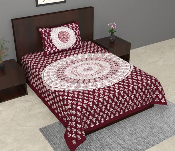Pink pehnava Cotton Single Flat 210 TC Jaipuri Prints 1 Summer Bedsheet