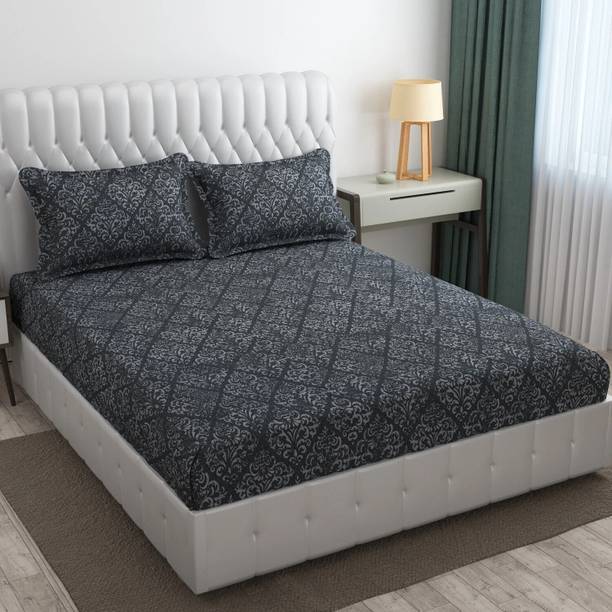 Cotton Bolls Textiles Cotton King Fitted (Elastic) 300 TC Printed 1 Bedsheet with 2 Pillow Covers