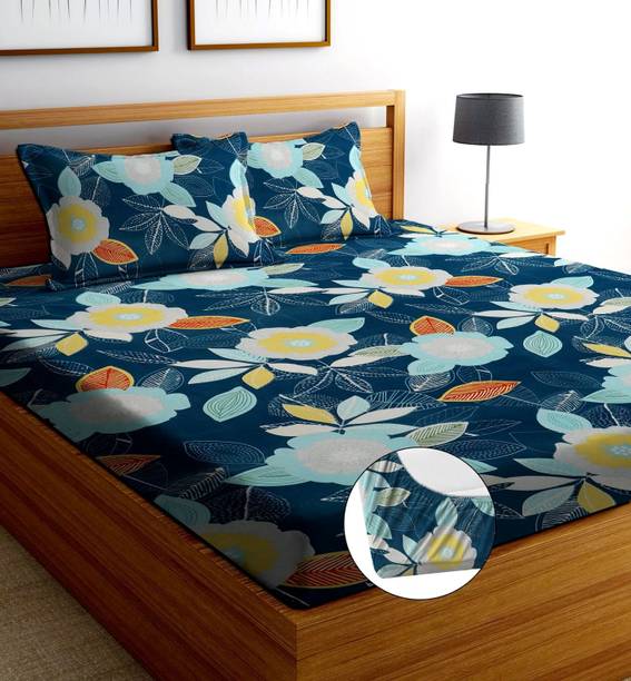 ANIKET Cotton King Fitted (Elastic) 204 TC Printed 1 Bedsheet with 2 Pillow Covers