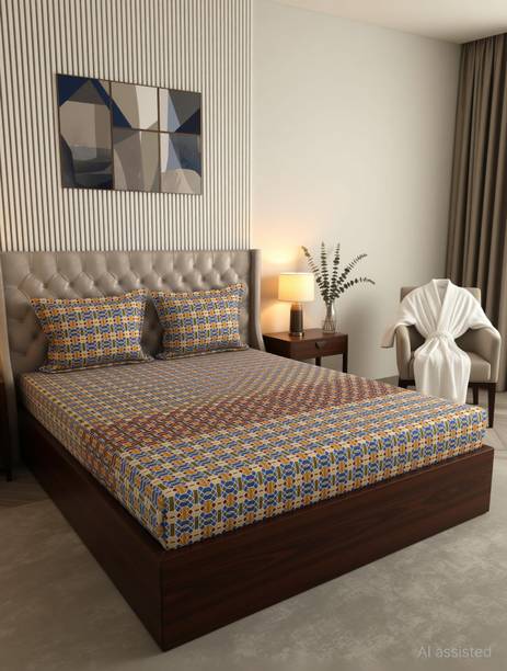 Raymond Home Cotton King Fitted (Elastic) 140 TC Geometric 1 Summer Bedsheet with 2 Pillow Covers