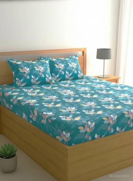 KARIDH Cotton Double Fitted (Elastic) 320 TC Printed 1 Summer Bedsheet with 2 Pillow Covers