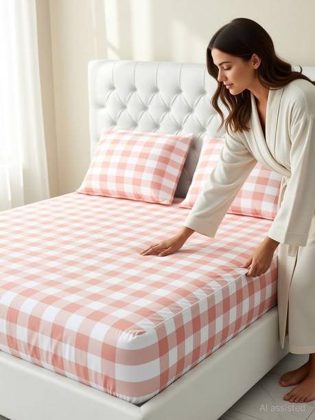 haus & kinder Cotton King Fitted (Elastic) 186 TC Printed 1 Summer Bedsheet with 2 Pillow Covers
