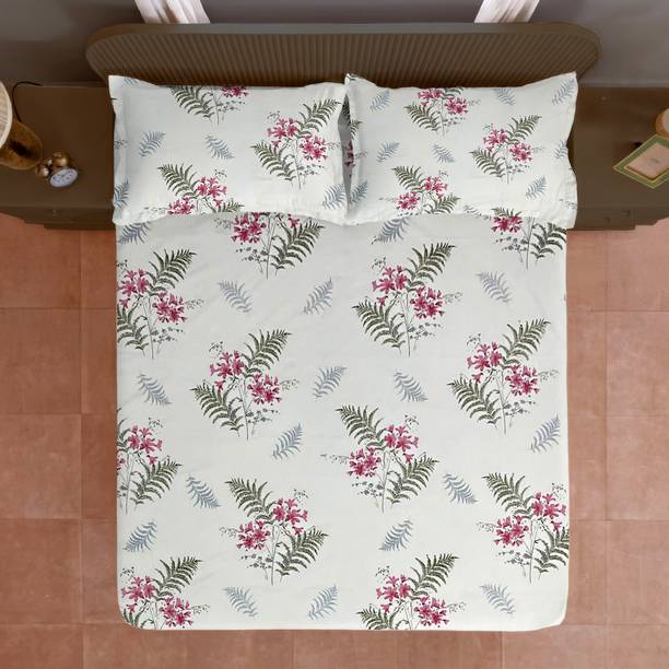 SWAYAM Cotton King Fitted (Elastic) 210 TC Floral 1 Bedsheet with 2 Pillow Covers