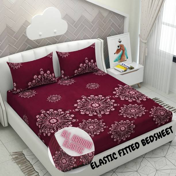 YKNIP Cotton Double, King Fitted (Elastic) 220 TC Floral 1 Bedsheet with 2 Pillow Covers