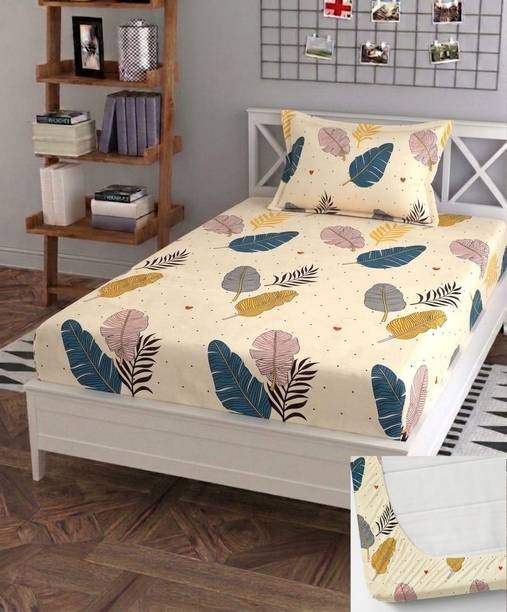 BM Decor Cotton Single Fitted (Elastic) 200 TC Self Design 1 Summer Bedsheet