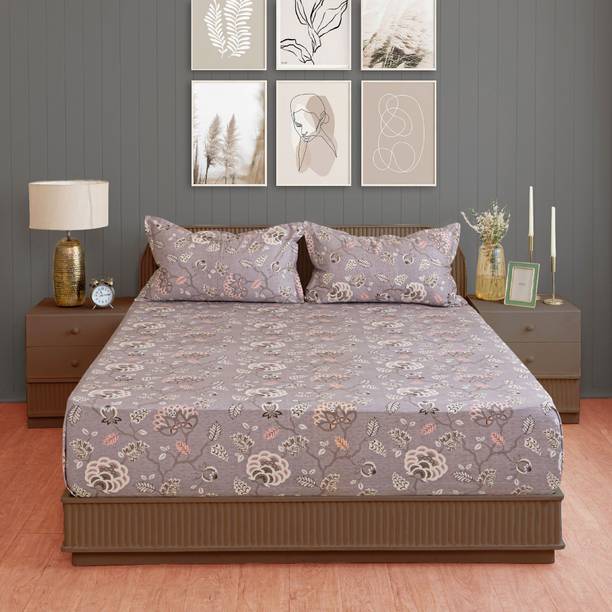 SWAYAM Cotton Double Fitted (Elastic) 210 TC Floral 1 Bedsheet with 2 Pillow Covers