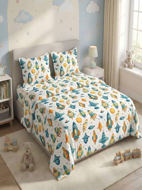 TINDLER KNOTS Microfiber, Cotton Queen Flat 300 TC Cartoon 1 Summer Bedsheet with 2 Pillow Covers