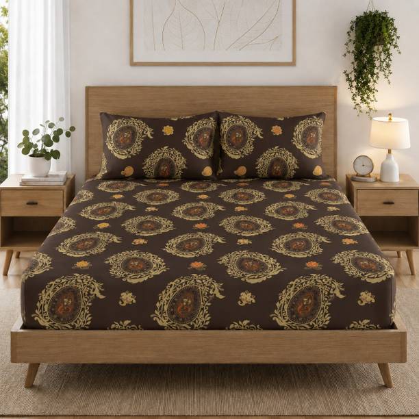 Amrange Cotton King Fitted (Elastic) 170 TC Floral 1 Bedsheet with 2 Pillow Covers