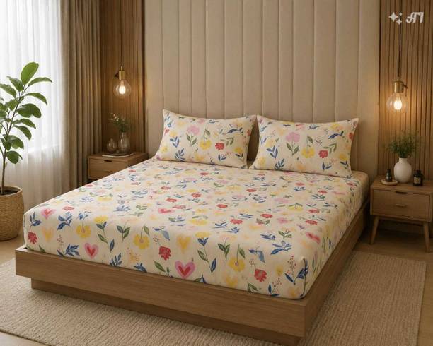 EXFAB Cotton Double Fitted (Elastic) 244 TC Printed 1 Summer Bedsheet with 2 Pillow Covers