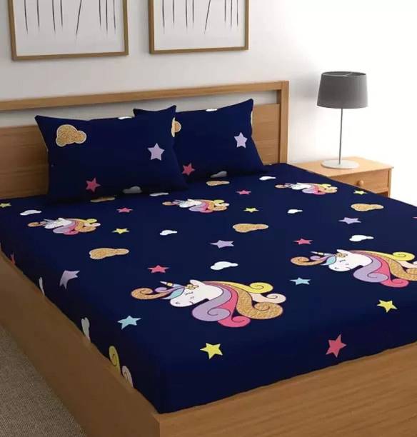 ISHANK FAB Cotton King Fitted (Elastic) 244 TC Printed 1 Summer Bedsheet with 2 Pillow Covers