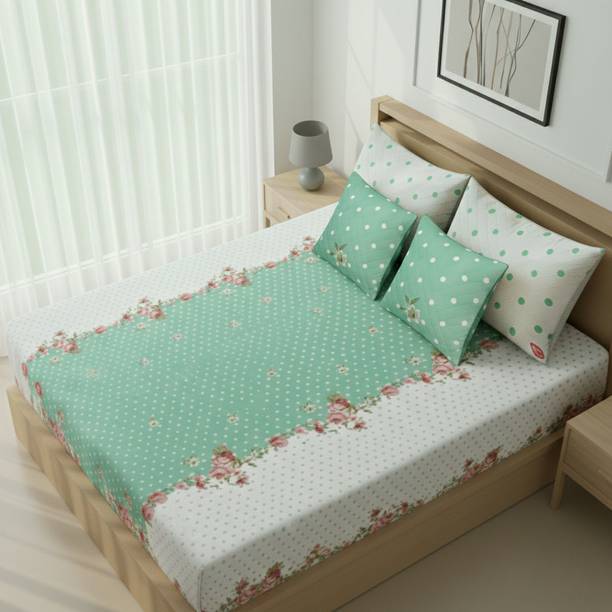 LOOMORA Cotton King Flat 300 TC Printed 1 Bedsheet with 2 Pillow Covers, 2 Cushion Covers