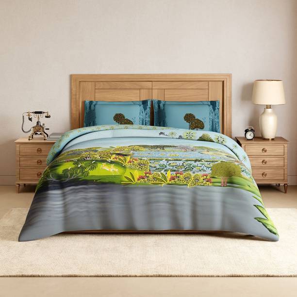 SPACES Cotton Double Flat 300 TC Floral 1 Bedsheet with 2 Pillow Covers