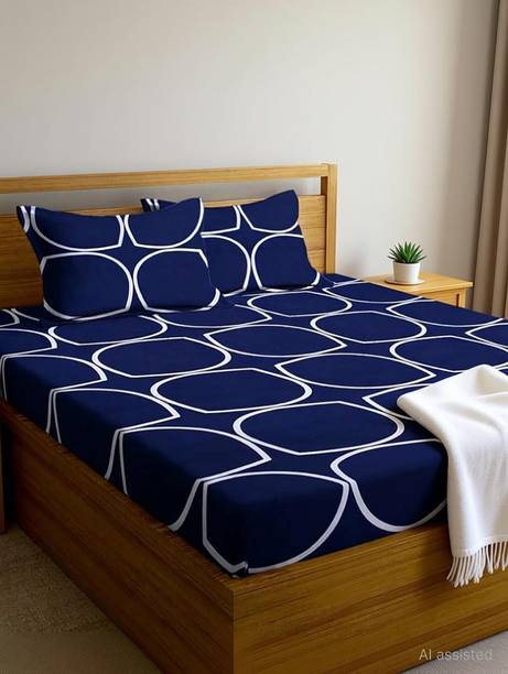 Goodrik Microfiber Double Fitted (Elastic) 210 TC Geometric 1 Bedsheet with 2 Pillow Covers