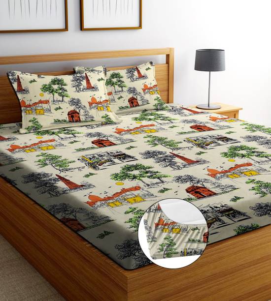 ANIKET 160 TC Cotton Double, Queen Printed Fitted (Elastic) Bedsheet