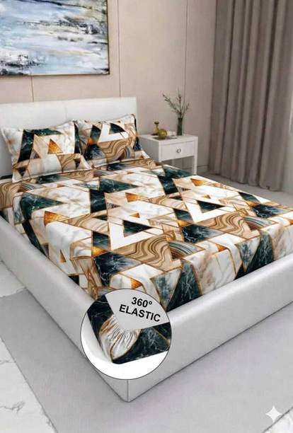Kunj Texo Polycotton Double Fitted (Elastic) 220 TC 3D Printed 1 Summer Bedsheet with 2 Pillow Covers