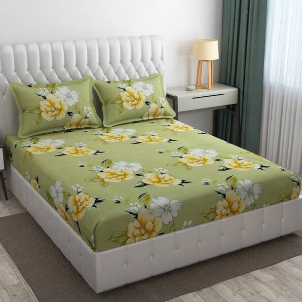 CB HOME Cotton King Fitted (Elastic) 300 TC Printed 1 Bedsheet with 2 Pillow Covers
