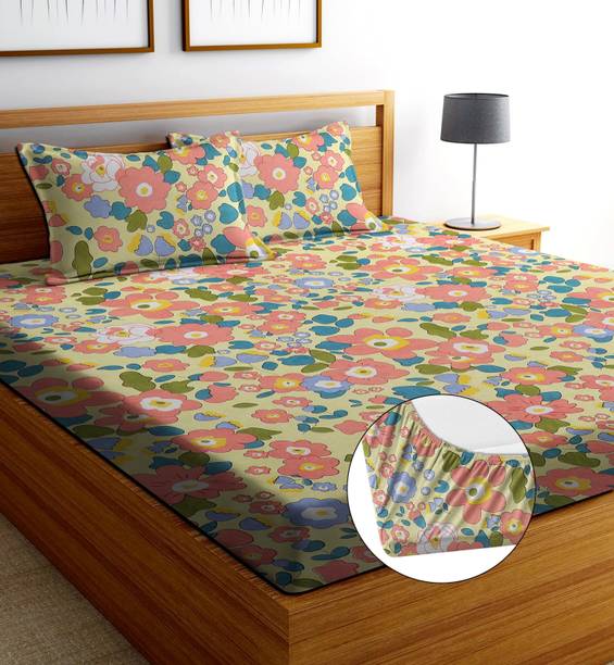 ANIKET Cotton Double Fitted (Elastic) 160 TC Printed 1 Bedsheet with 2 Pillow Covers