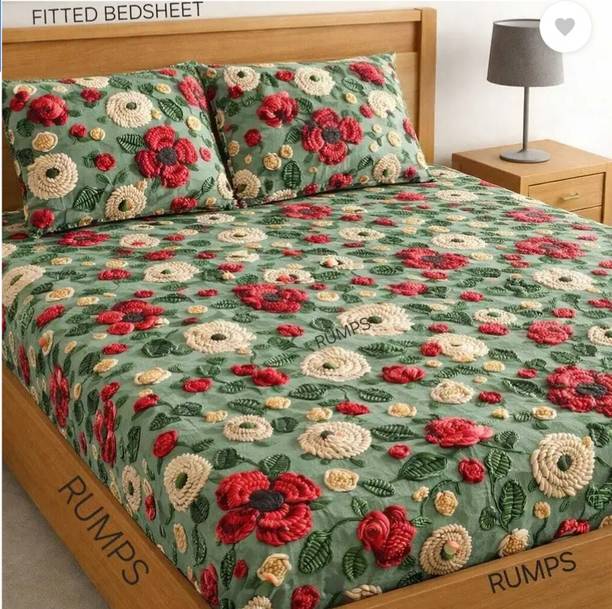 KIDSHEET Cotton King, Double Fitted (Elastic) 350 TC Floral 1 Bedsheet with 2 Pillow Covers