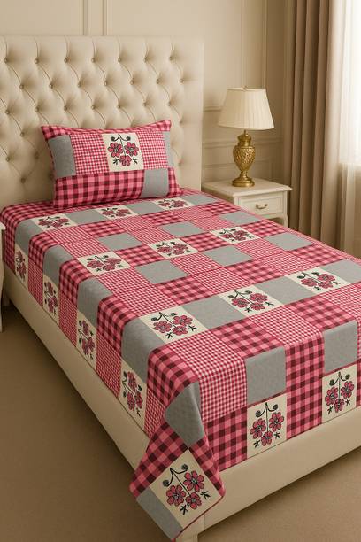 FAIQA Cotton Single Flat 220 TC Checkered Bedsheet