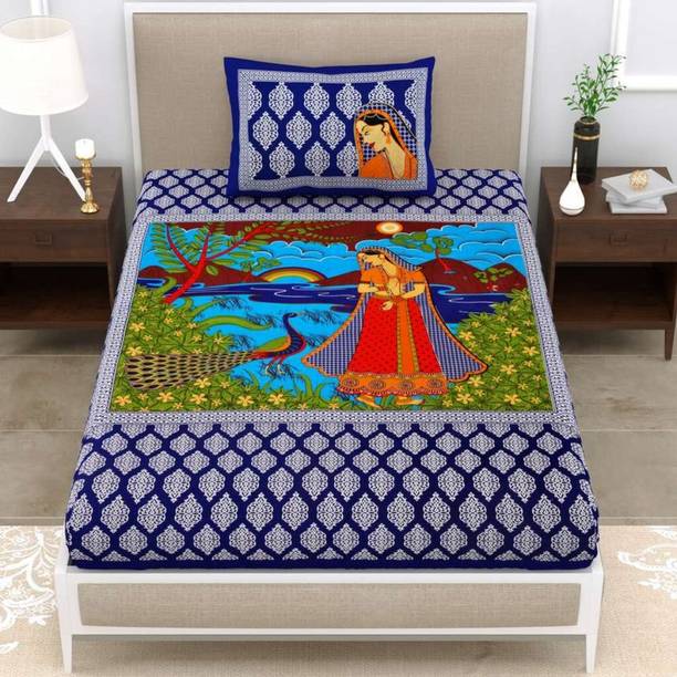 KAANY FAB 104 TC Cotton Single Jaipuri Prints Flat Bedsheet