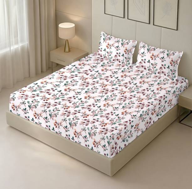 EXFAB Cotton Double Fitted (Elastic) 244 TC Printed 1 Bedsheet with 2 Pillow Covers