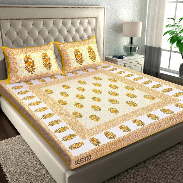 Jeevat Cotton Double Flat 144 TC Jaipuri Prints 1 Bedsheet with 2