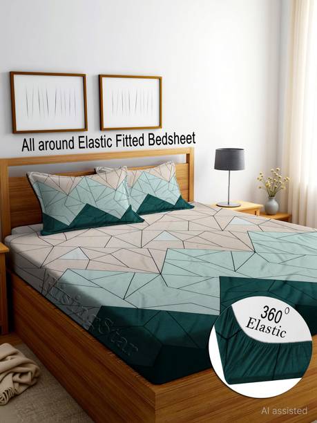 RisingStar Cotton Double Fitted (Elastic) 250 TC Striped 1 Bedsheet with 2 Pillow Covers