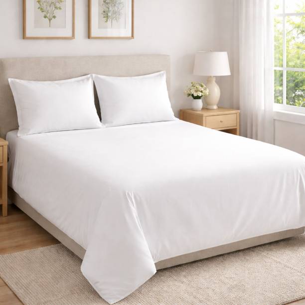 Haboo Cotton Blend Double Flat 144 TC Solid 1 Summer Bedsheet with 2 Pillow Covers, 2 Cushion Covers