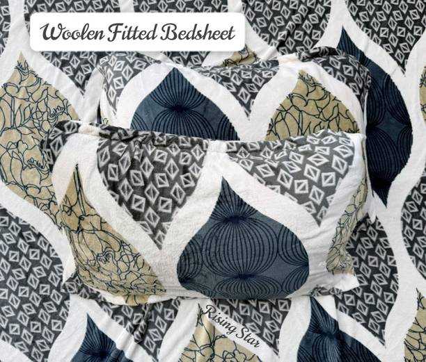 RisingStar Woolen King Fitted (Elastic) 400 TC Printed 1 Bedsheet with 2 Pillow Covers