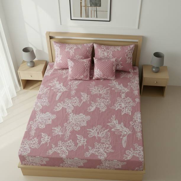 LOOMORA Cotton Double Flat 300 TC Printed 1 Bedsheet with 2 Pillow Covers, 2 Cushion Covers