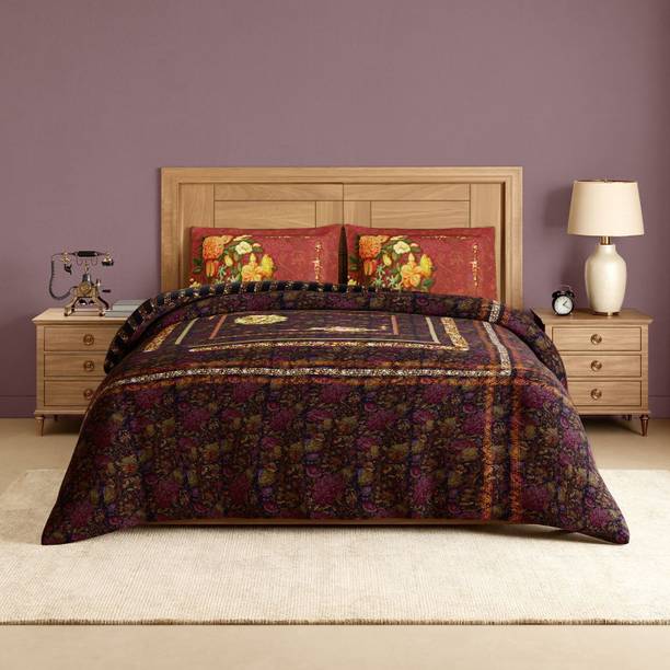 SPACES Cotton Double Flat 300 TC Floral 1 Bedsheet with 2 Pillow Covers