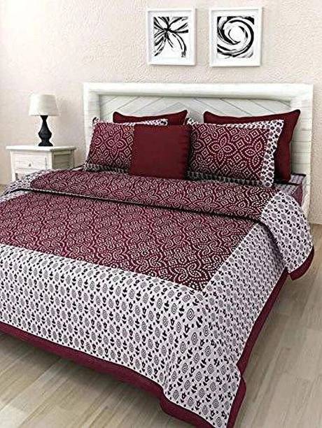 SOVLINA Cotton Double Flat 144 TC Jaipuri Prints 1 Bedsheet with 2 Pillow Covers