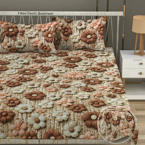 Roxine Cotton King, Queen, Double Fitted (Elastic) 380 TC Floral Bedsheet