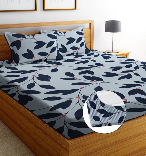 ANIKET Cotton Double Fitted (Elastic) 204 TC Printed 1 Bedsheet with 2 Pillow Covers