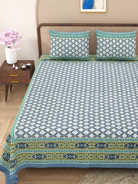 CLOTHOLOGY Cotton Queen Flat 240 TC Jaipuri Prints Bedsheet