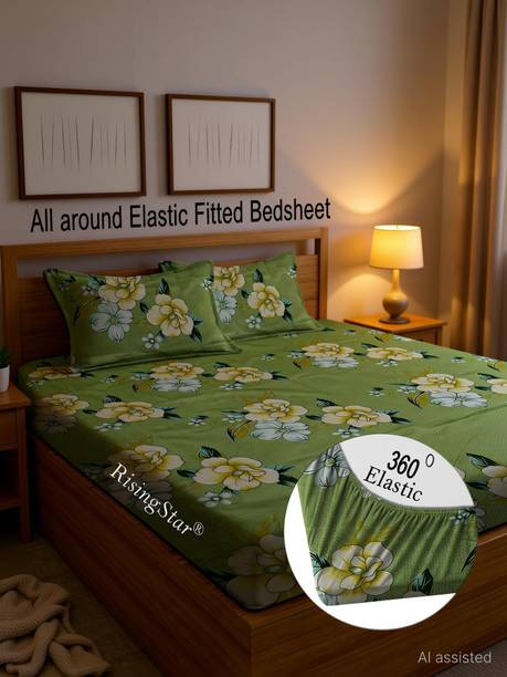 RisingStar Microfiber King Fitted (Elastic) 250 TC Geometric 1 Bedsheet with 2 Pillow Covers